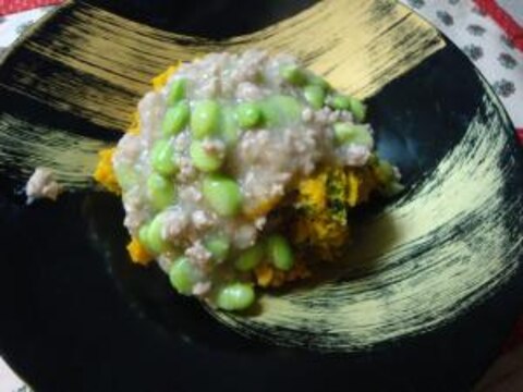 カボチャの豚挽肉みそ枝豆あんかけ